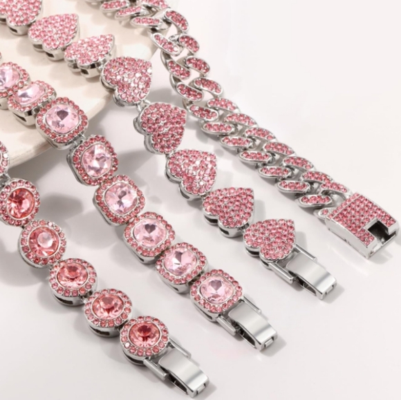 Pink Pave Crystal Silver Iced Links Bracelet Rhinestone Round CZ Circle Links - Picture 8 of 8